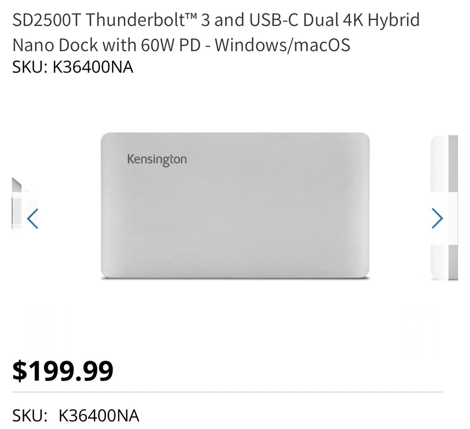 Kensington SD2500T Thunderbolt 3 y Estación de Acoplamiento USB-C Doble 4K 60W PD Nuevo Foto 2 de 3