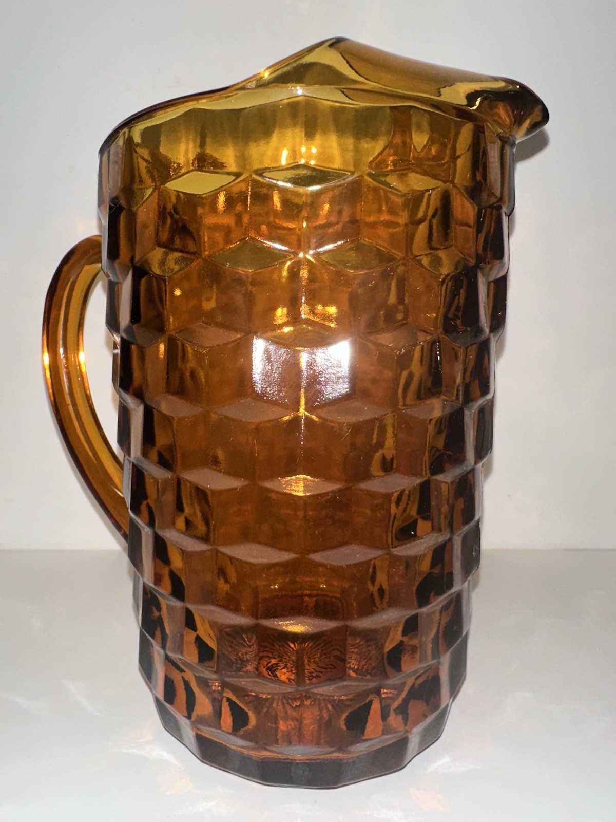 Vintage Heavy Amber Glass Pitcher 48 Oz Whitehall Cubist Pattern MidCentury