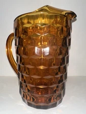 Vintage Heavy Amber Glass Pitcher 48 Oz Whitehall Cubist Pattern MidCentury