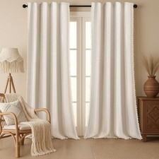 96" Boho Curtains Cotton Embroidery Panels w/Tassels Beige Rod Pockets
