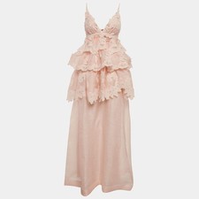 Zimmermann Light Orange Linen Blend Tiered Lace Maxi Dress M