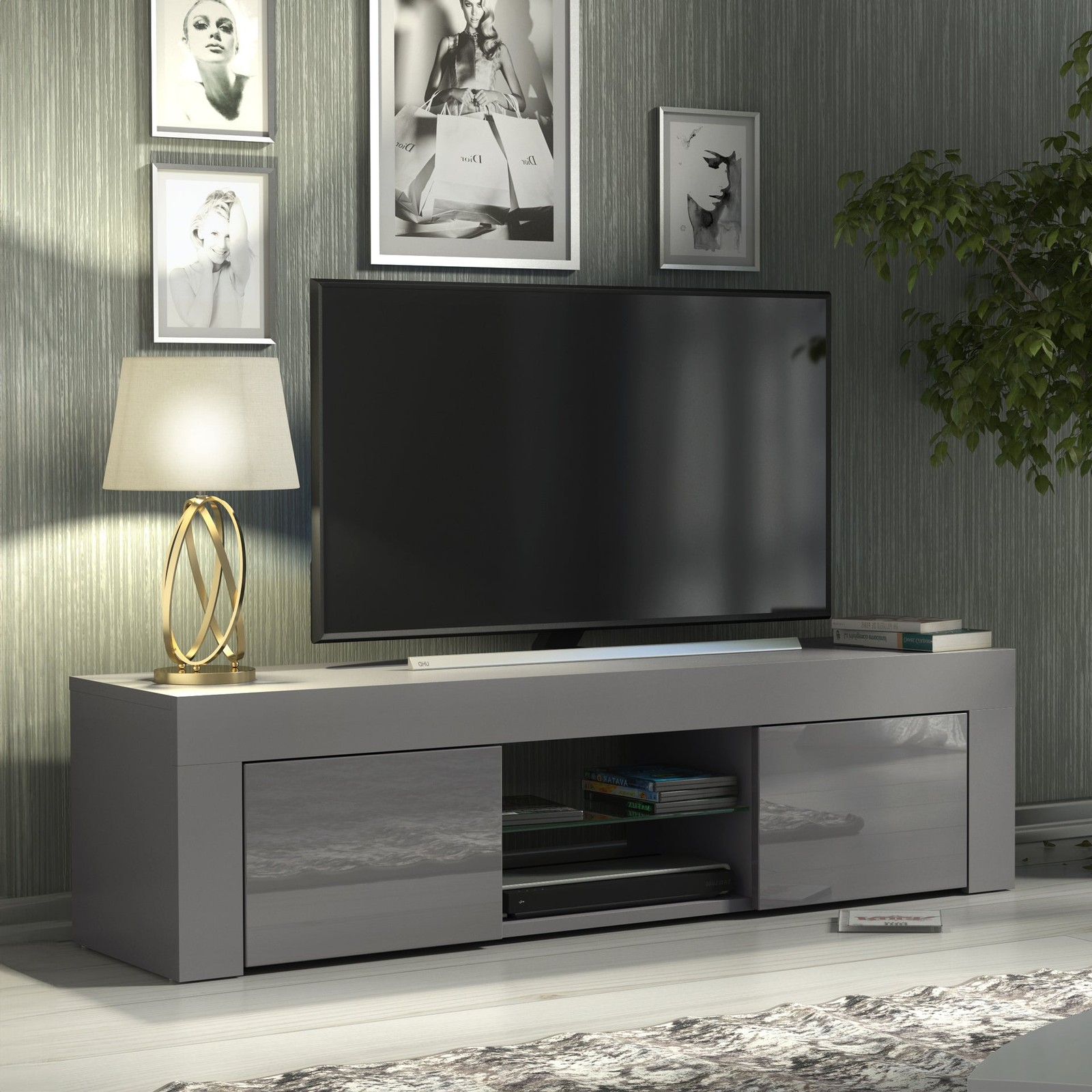 TV Stand 130cm Matt Grey Body Gloss Grey Doors Modern Media Cabinet LUNARO