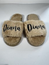 Fuzzy Slide Slippers, Tan, Name  Diana  Printed on Tops, Size 40-41 9-9.5 