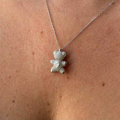 925 Sterling Silber Lab-Created Teddy Beart Liebe Herz Anhänger Halskette Damen