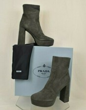 NIB PRADA 1TP221 GRAY SUEDE SHORT PLATFORM ANKLE CLASSIC ZIP BOOTS 40 975 ITALY