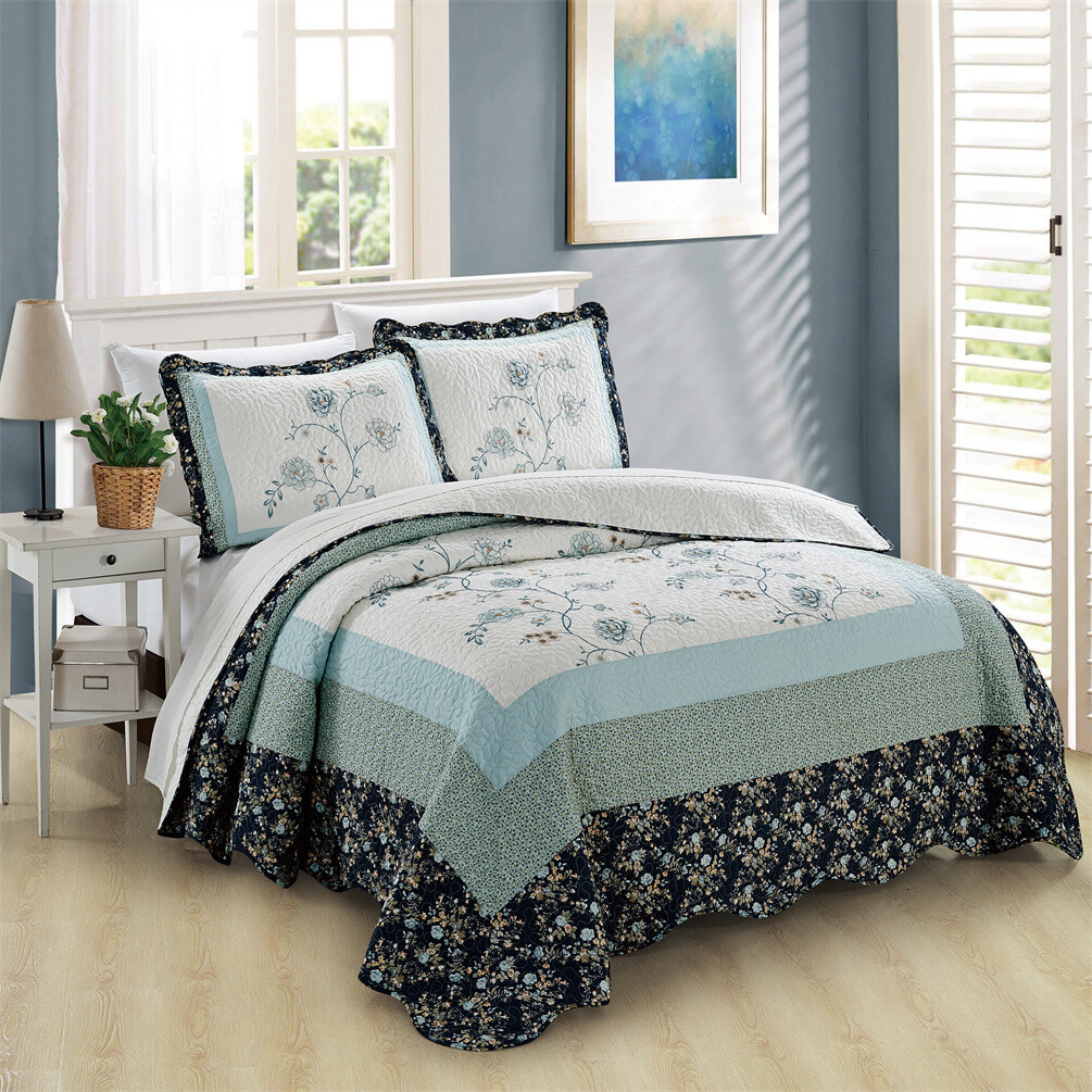 Dorset 3-Piece Floral Patchwork Quilt Set - Queen/King Size Microfiber Bedding Shabby Chic 10 thumbnail image