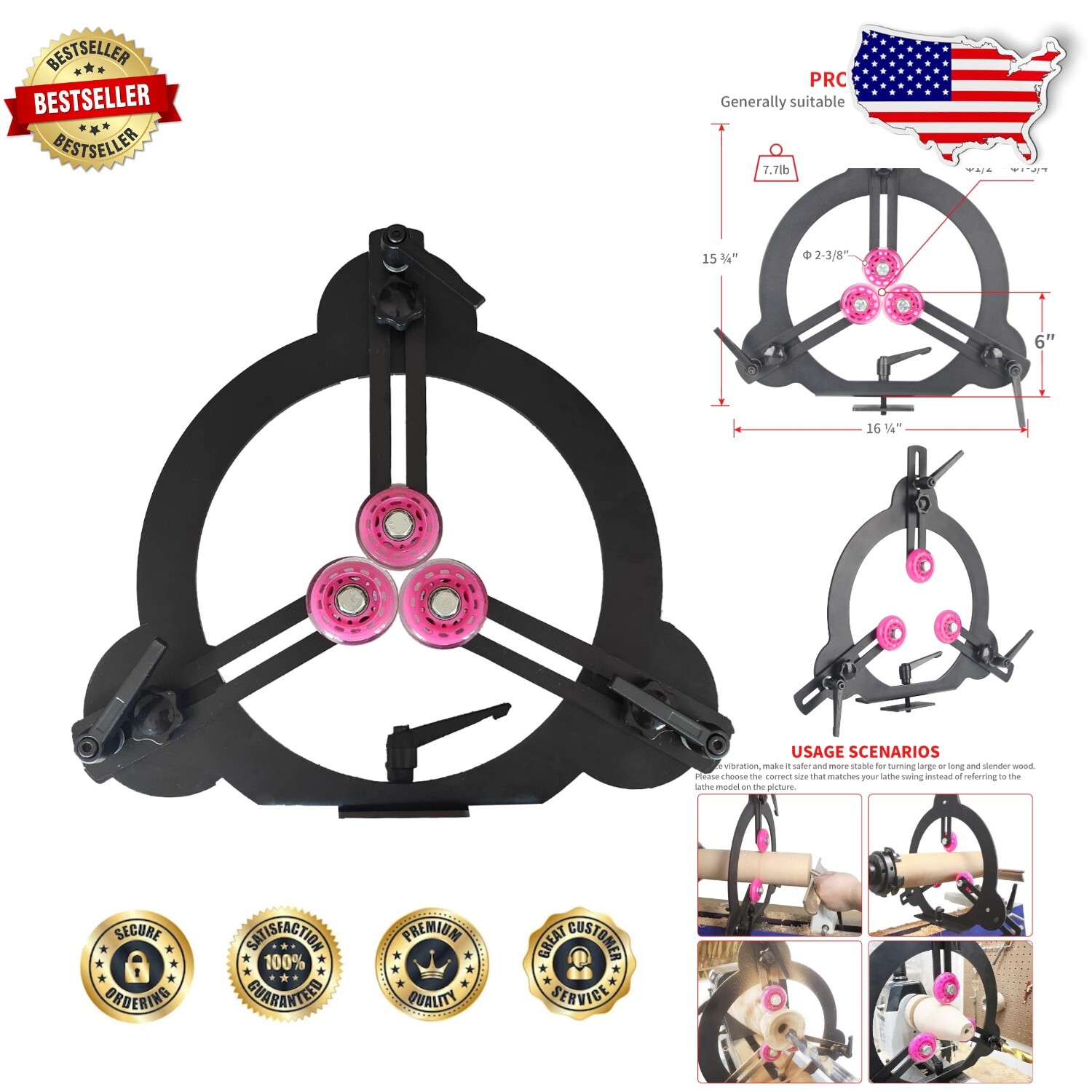 Non-Marring 12 Inch Lathe Steady Rest with Adjustable Wheels for Precision