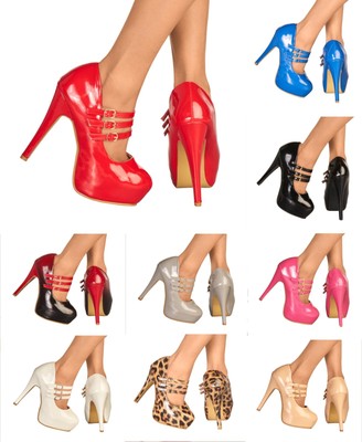 NEU DAMEN PLATEAU HIGH HEEL PATENT GESCHLOSSENE ZEHE DREIFACHE SCHNALLE RIEMENSCHUHE 3-8