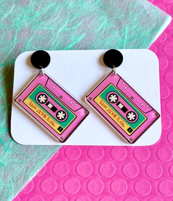 New Retro 90s Style Pink Acrylic Cassette Mix Tape Nostalgic Earrings - 2.75 