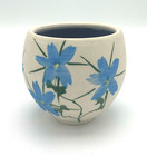 Studio Pottery Bowl with Blue Painted Flowers, Signed by Artist DSL