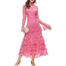 Elegant Lace Floral Slim Long Sleeve Dress Women Party Ball Gown Stand Collar