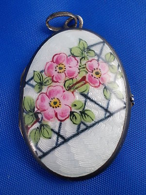 Antikes Jugendstil Medaillon Guilloche Emaille transluzent Blumen Silber ~ 1900