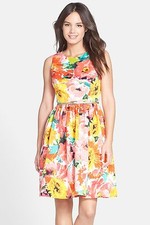 Eliza J Print Faille Fit Flare Dress Cutout Back Bright Floral Orange 6 S NWT
