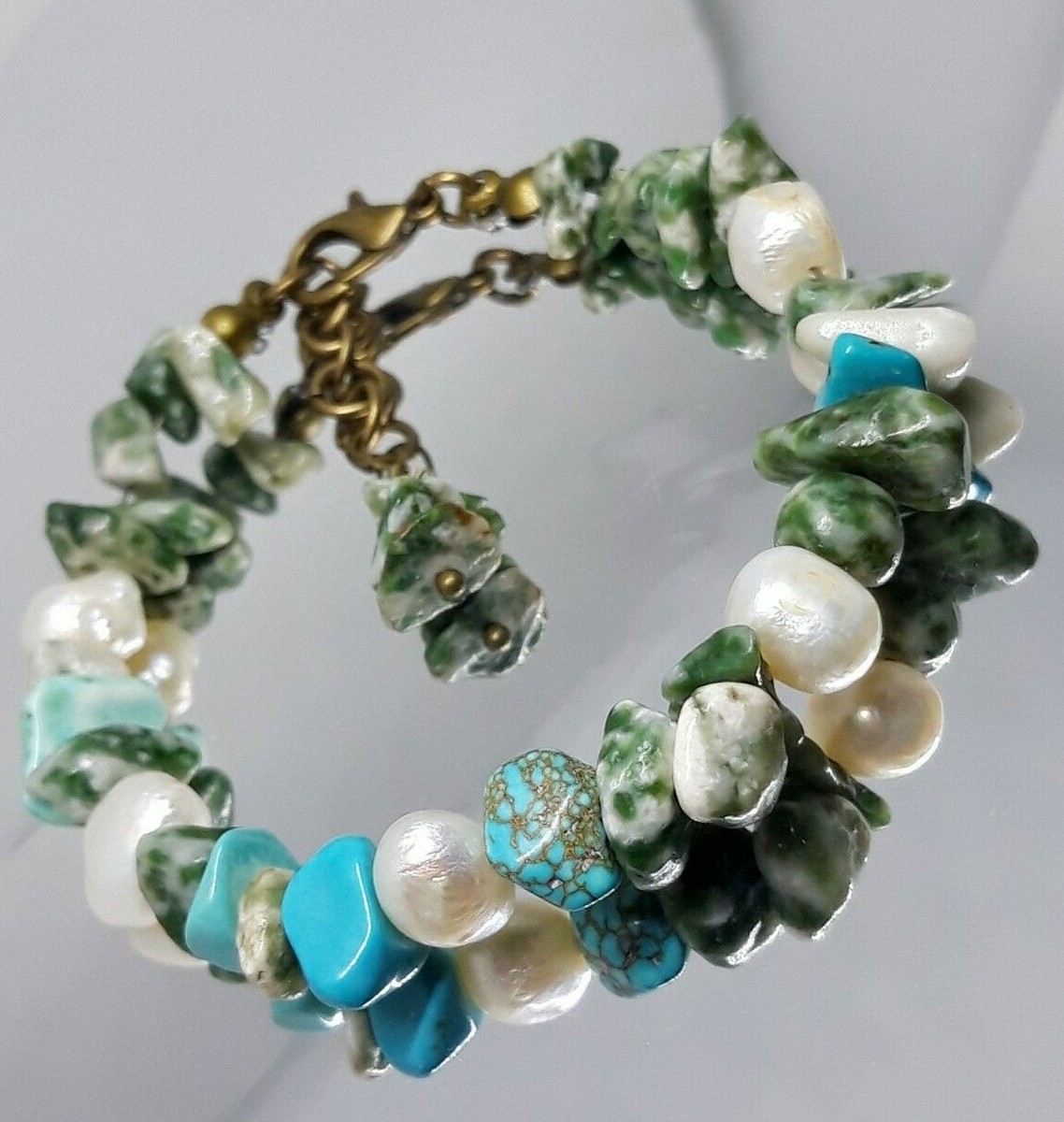 Bracelet Femme Perles De Jade Chinois, Turquoise Et Perles De Rivière Blanches - Fermoir Mousqueton - 17-18 Cm