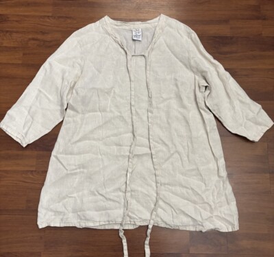 Match Point USA Tunic Size Small Linen 3/4 Sleeve Oversized Lagenlook Oatmeal