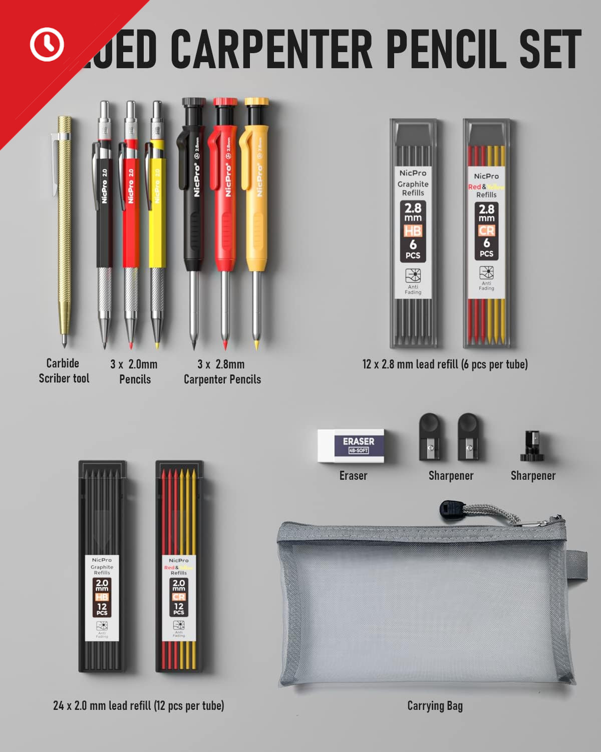16 Pack Mechanical Carpenter Pencil Set - 42 Refills, Carbide Scribe Tool, Sharp