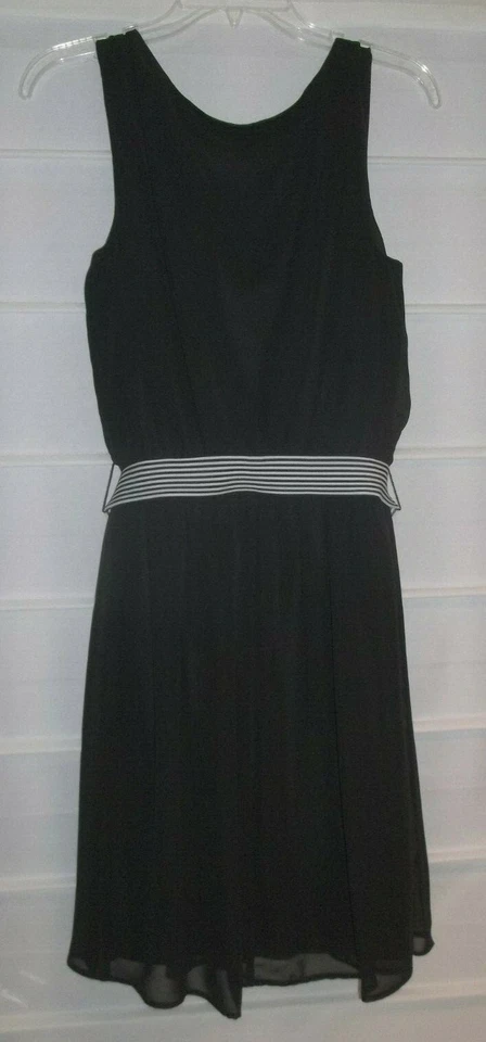 AGB Black Polyester Sleeveless Dress Pleated Top Black White Stripe Belt MED EC! - Image 4 of 4