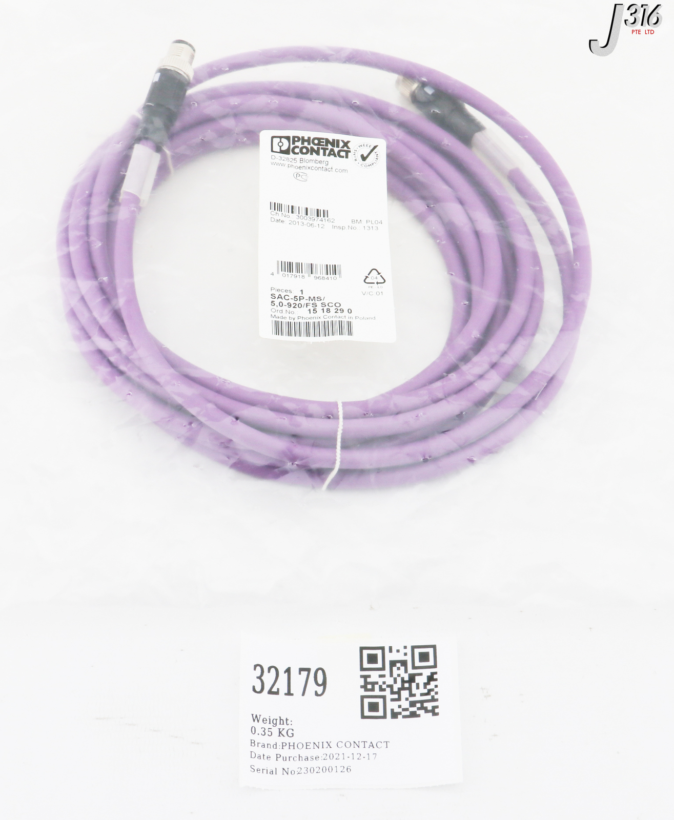 32179 PHOENIX CONTACT SCO SENSOR CABLE,1518290 (NEW) SAC-5P-MS/5,0-920/FS SCO