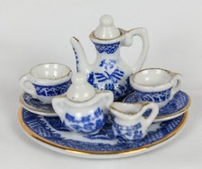 Vintage Blue Willow Doll Tea Set Pot, 2 Cups/Saucers, Sugar, Cream, WITH LIDS