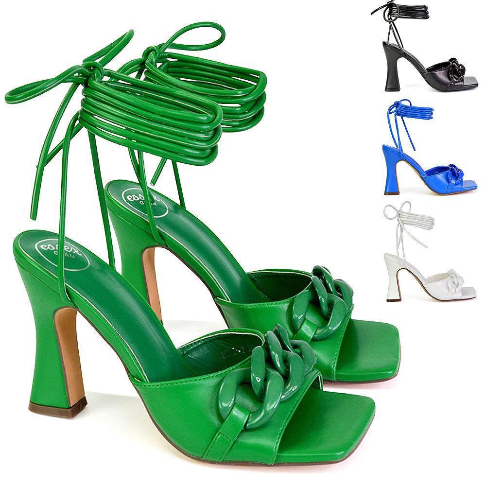 Womens Lace Up Sandals Ladies Block Heel Square Toe Chain Strappy Shoes  Size 3-8