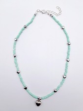Collana choker girocollo perline perle verde acqua pendente cuore argentato donn