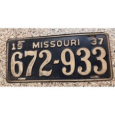 1937 Missouri License Plate 672-933 Black Cream Embossed Vintage Auto Tag