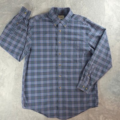 L.L. Bean Men Medium Blue Plaid Button Down Shirt Long Sleeve Cotton Outdoor
