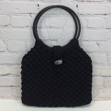 Vintage Macrame Handmade Pocketbook Black Boho Hippie Hoop Shoulder Bag Lined