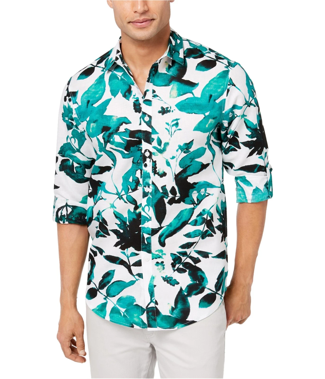 I.N.C Mens Abstract Floral Button Up Shirt, White, Medium