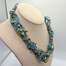 Multi-strand Turquoise Chip Seed Bead Necklace Silver Toned
