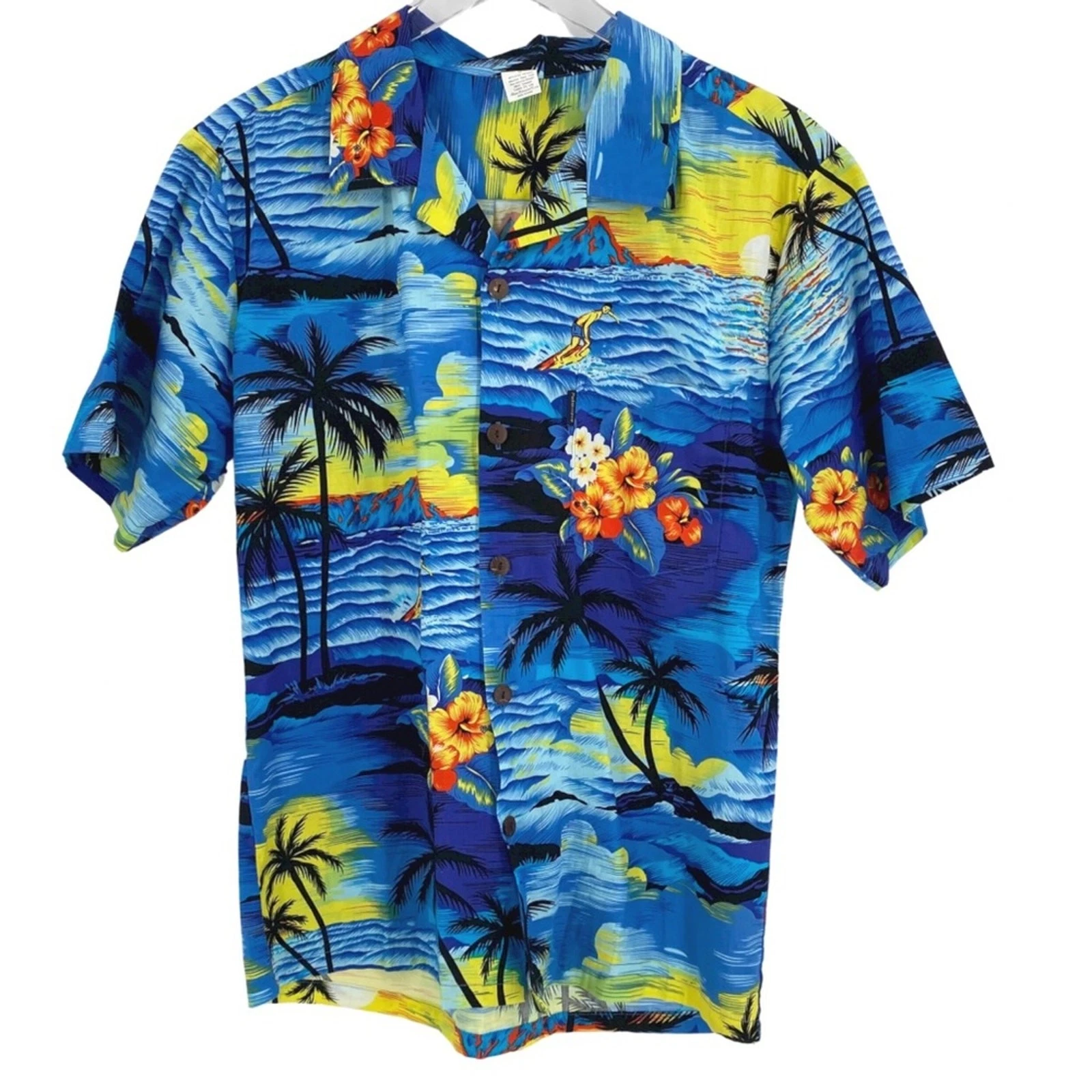 Palmwave Hawaiian shirt size small blue yellow surfer volcano palm trees