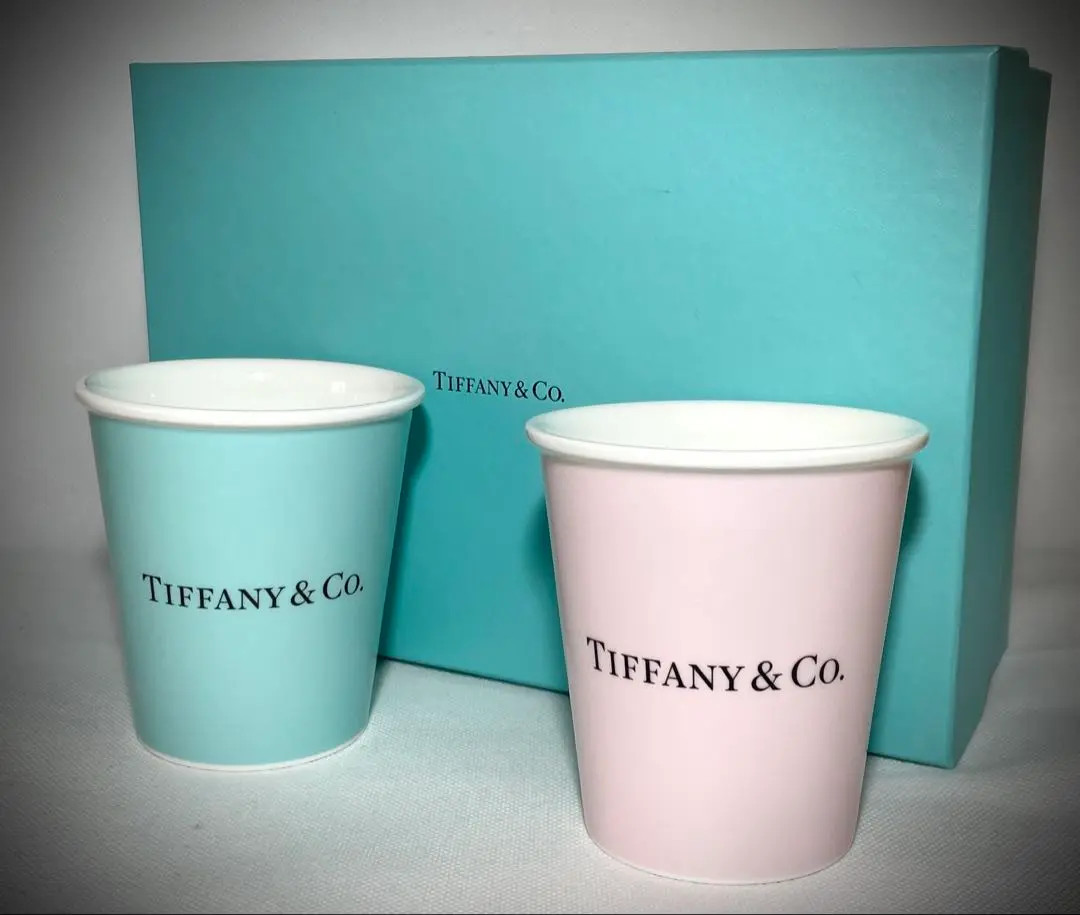 Tiffany & Co. Coffee Cups Set of 2 Pink & Blue w/box from