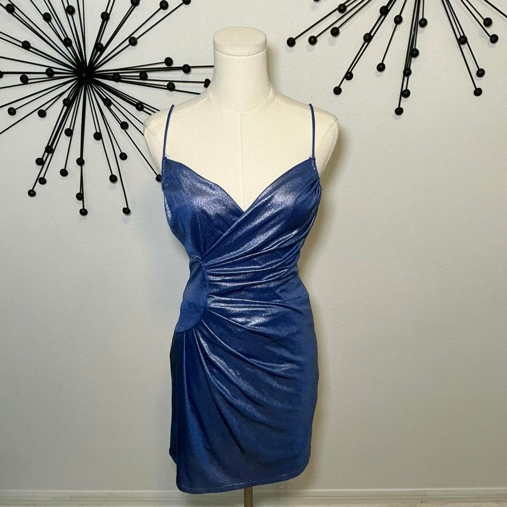 Body Central Blue Shimmer Mini Dress Ruched Spaghetti Strap Y2K