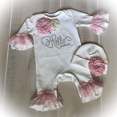 Hello World baby girl coming home outfit. Ivory Pink lace (new)