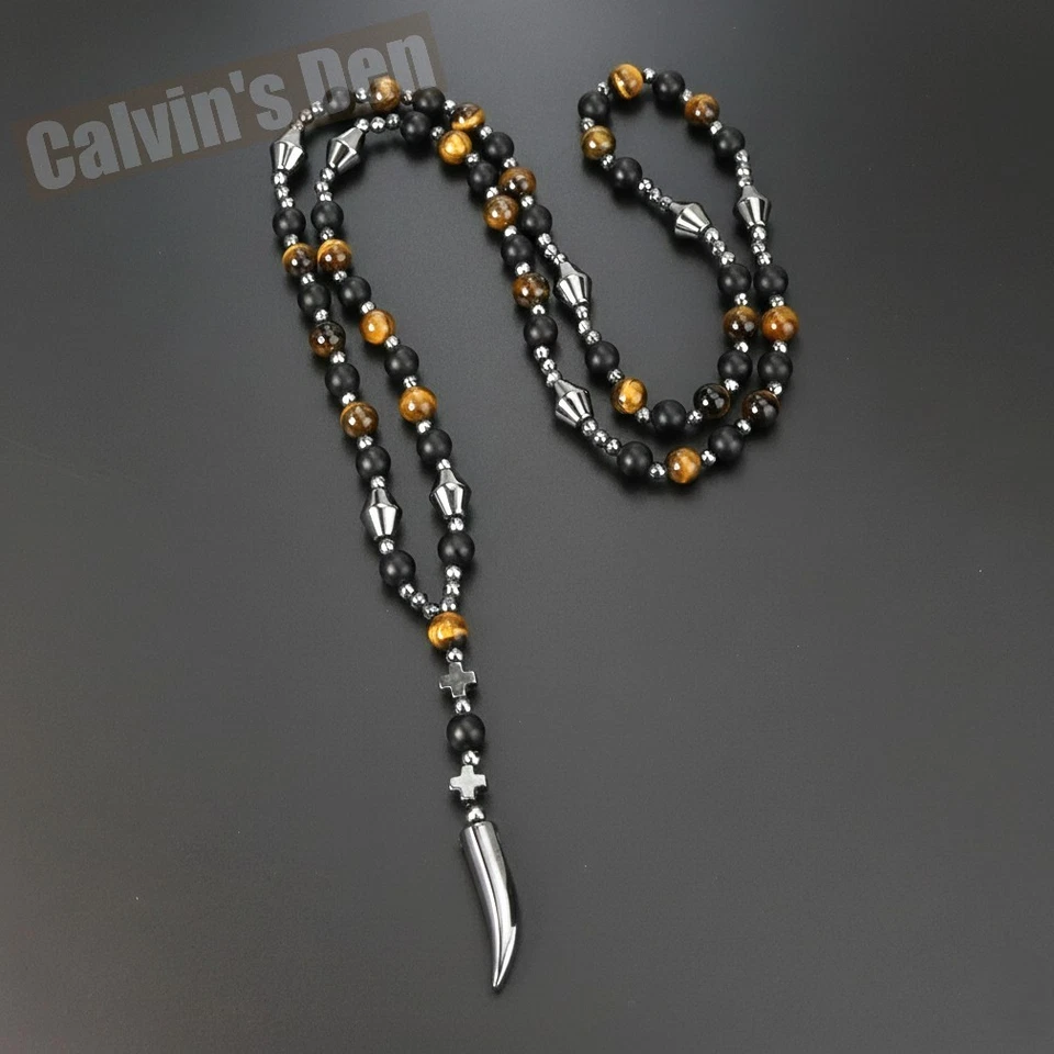 Tiger Eye Matte Black Obsidian Black Hematite Tooth Pendant Necklace Men Gift - Image 2 of 4
