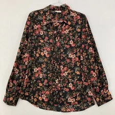 Pleione size XL Black Red Floral Long Sleeve Button Down Office Career