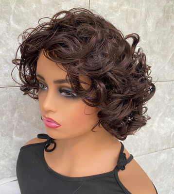 Short Fluffy Curly Dark Brown Mix Synthetic Hair Wigs Women Soft Daily
