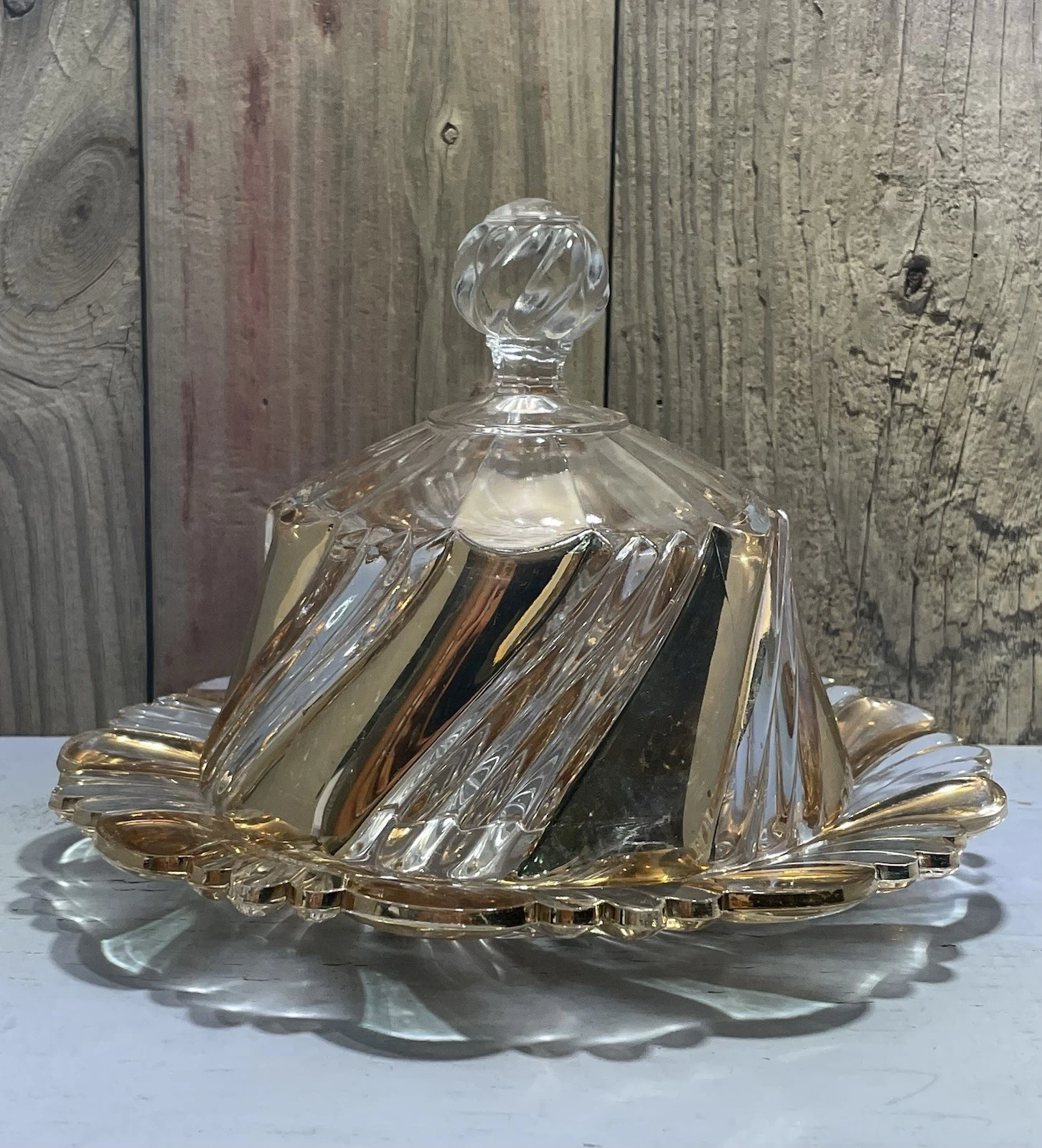 Vintage Early American Pattern Glass 2 Ply Swirl Covered Butter Dish w/ Gold