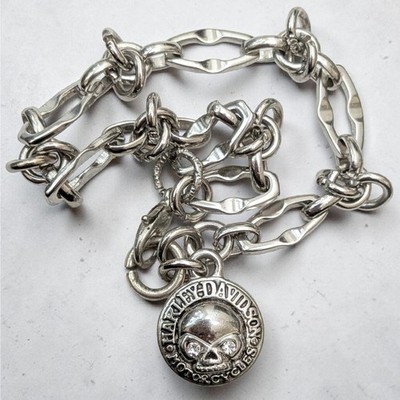 HARLEY DAVIDSON Willie G Rhinestone Skull Charm Bracelet Stainless Steel Chain 