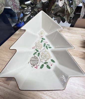 LENOX IVORY CHRISTMAS ''DAZZLE TREE'' GOLD ORNAMENTS & HOLLY SERVING DISH BOWL