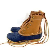LL Bean 8" Bean Boots Tan Leather Navy Rubber Waterproof Insulated Womens Sz 8M