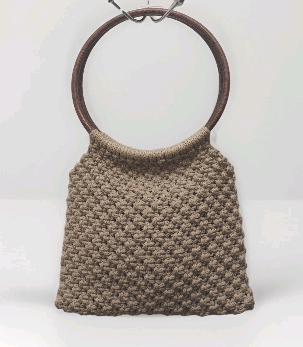 Vintage 1970s Handmade  Macrame Shoulder Bag W Large Wood look Circle Handles