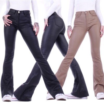Damen Jeans Bootcut High Waist PUSH UP Leder-Optik Kunstlederhose