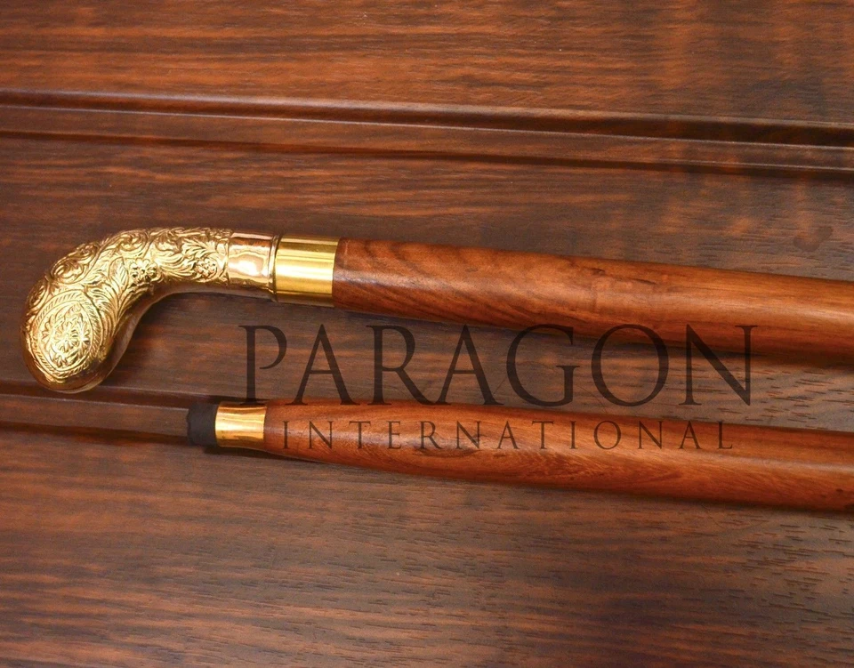 Bastón de madera maciza de latón antiguo de diseño con mango vintage  Foto 3 de 4