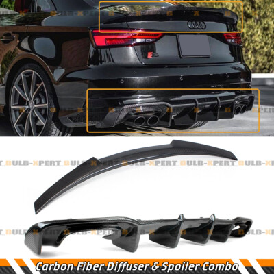 FOR 2017-20 AUDI S3 A3 SLINE CARBON FIBER REAR DIFFUSER + M4 STYLE TRUNK SPOILER