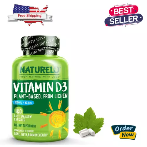 NATURELO Vitamin D3 2500 IU - Plant-Based, Immune & Bone Support - 180 Capsules