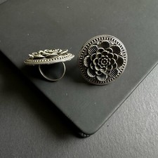 Antique Floral Mandala Design - Oxidized Silver Tone Statement Adjustable Ring