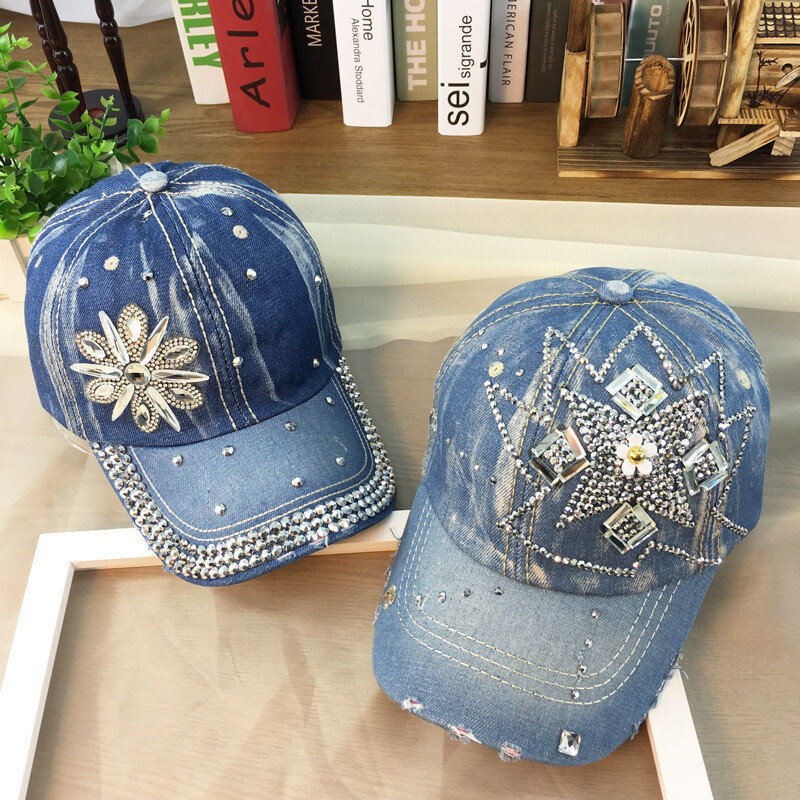 Women Denim Jean Baseball Peak Cup Sun Hat Rhinestone Flower  display picture 3