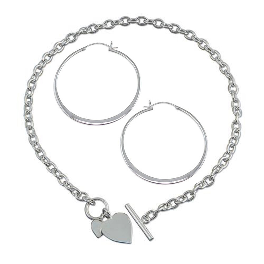 Large Flat Creole Hoop Earrings & Double Heart Tag Necklace Sterling Silver