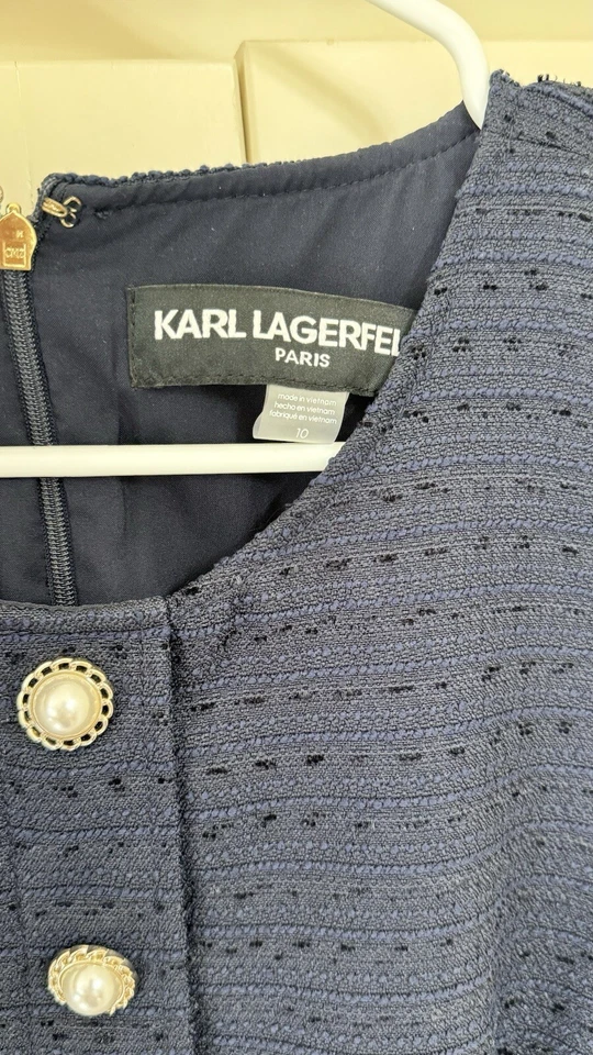 Karl Lagerfeld Paris 女式海军蓝粗花呢珍珠换装连衣裙带口袋 10 码 — 第 3/4 张图片